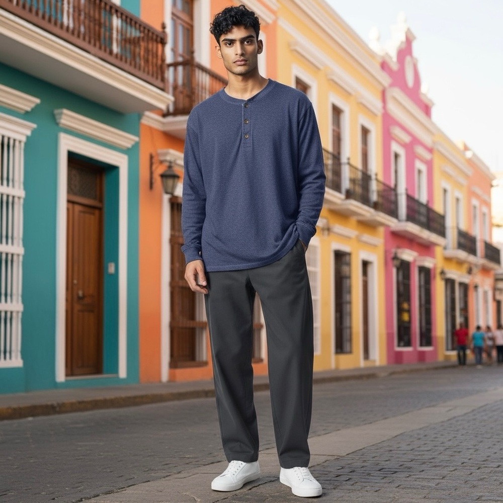 🤑 5/$25 Hanes Beefy Men's Blue Henley Long Sleeve Shirt